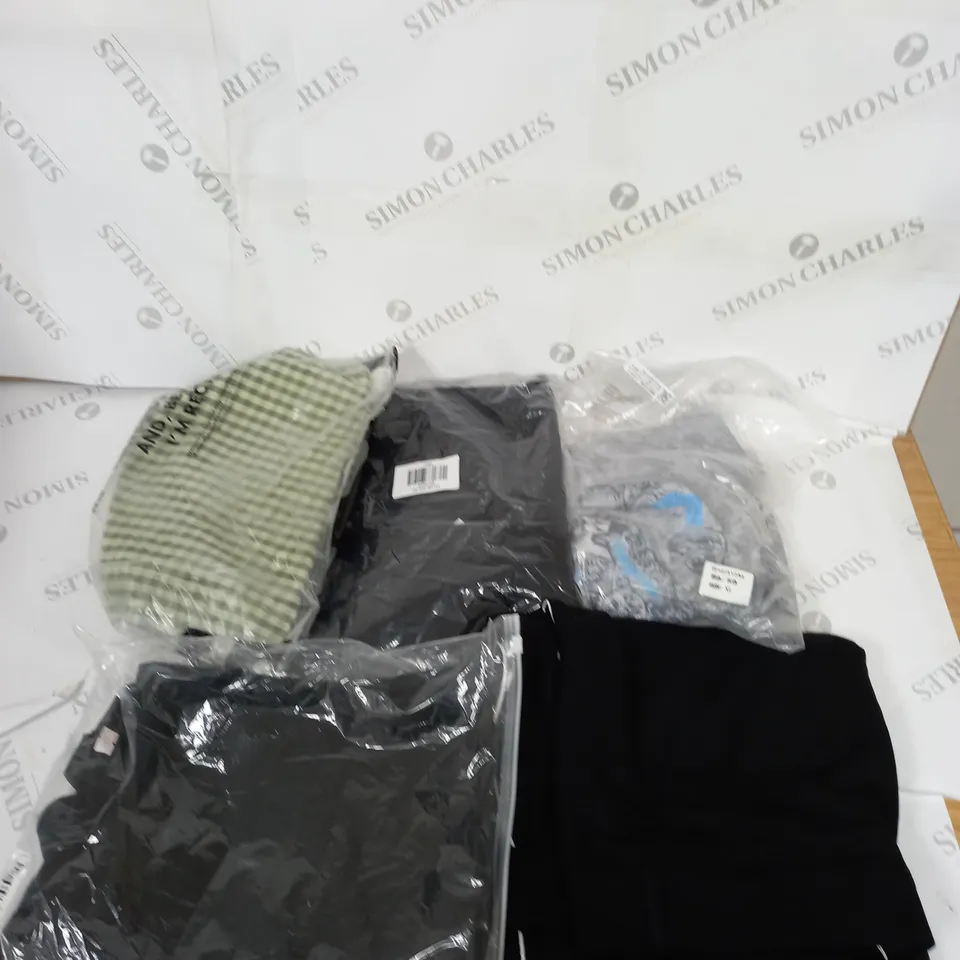 LARGE BOX OF ASSORTED CLOTHING ITEMS IN VARIOUS COLOURS AND SIZES INCLUDING TROUSERS , TOPS AND JUMPERS 