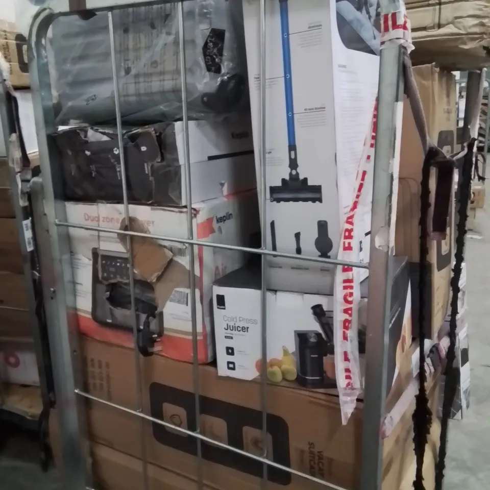 CAGE OF ASSORTED HOUSEHOLD GOODS AND PRODUCTS TO INCLUDE;SUITCASES,VACUUM CLEANER,HEATED THROW,GYMNASTICS BAR