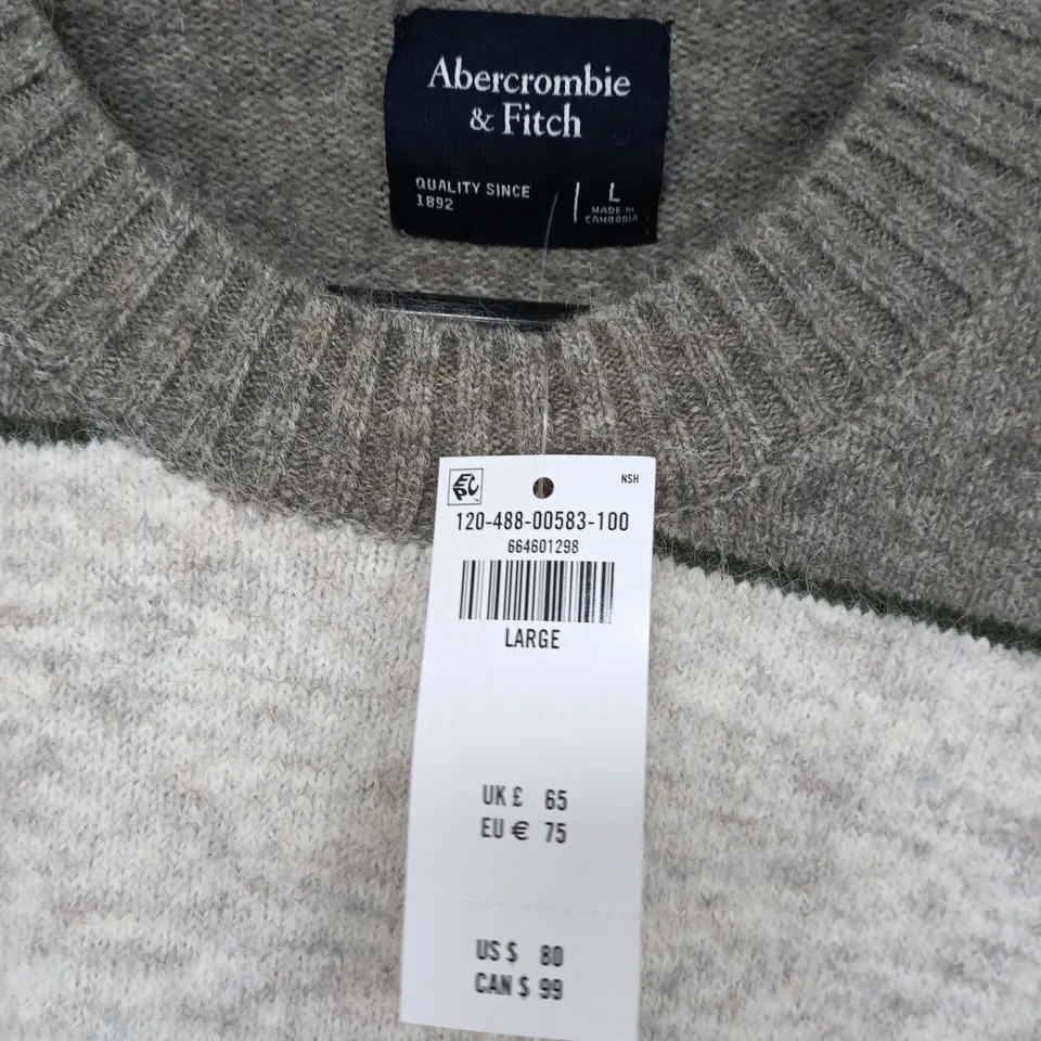 ABERCROMBIE & FITCH CREW NECK JUMPER IN GREEN/NATURAL STRIPE - L