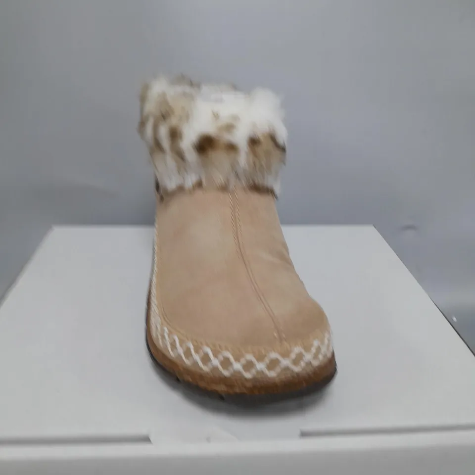 BOXED PAIR OF EARTH ORIGINS EMMALYN BEIGE BOOTIES - SIZE 5
