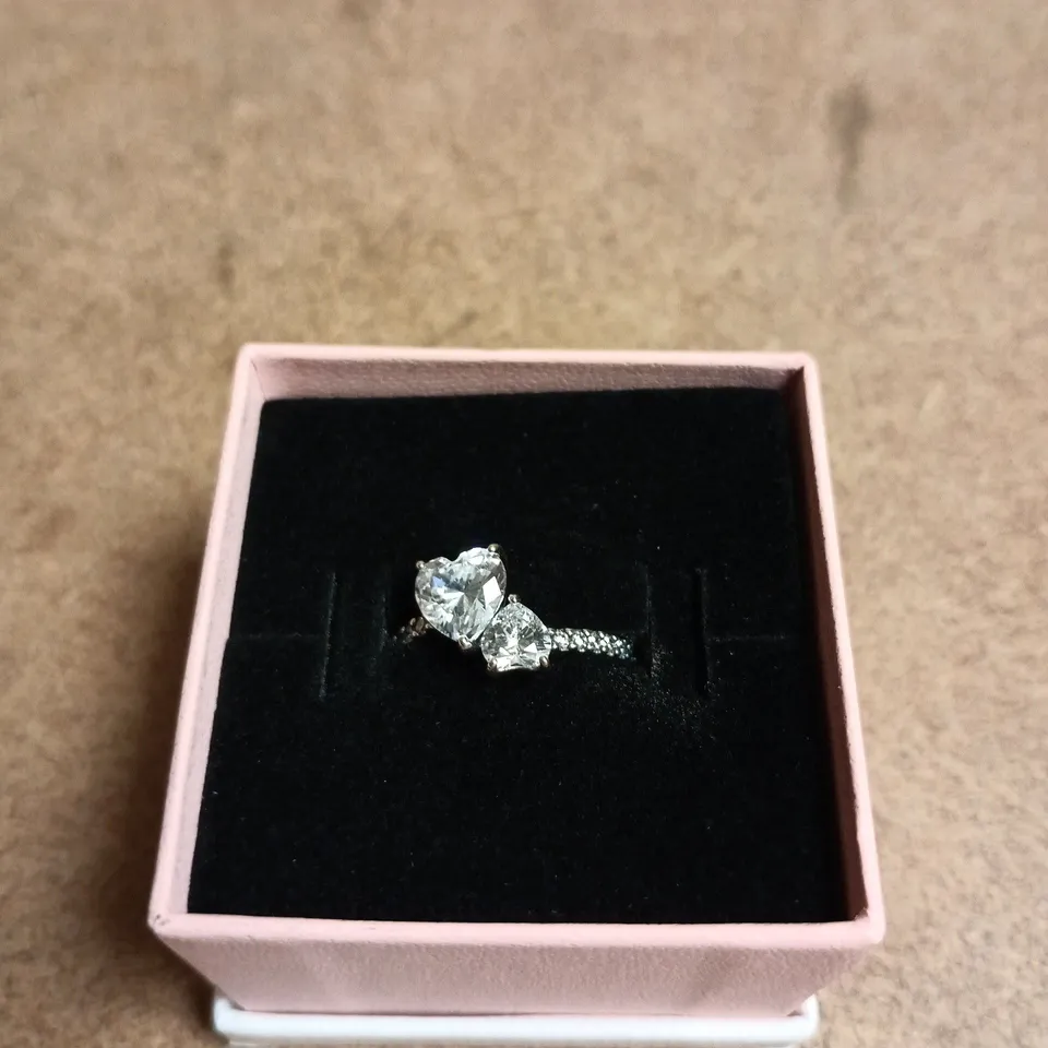 PANDORA TWO-STONE HEART RING IN SILVER TONE – BOXED