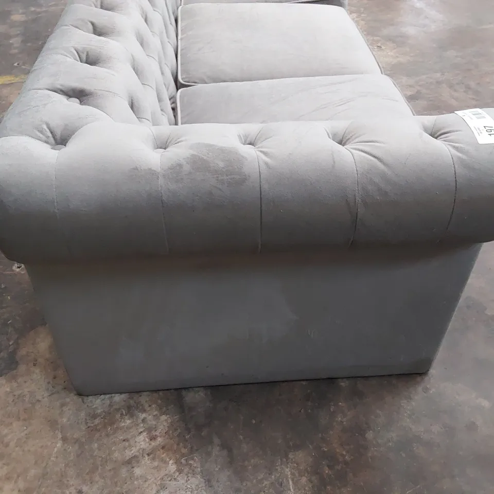 DESIGNER THREE SEATER CHESTERFIELD SOFA GREY PLUSH FABRIC 