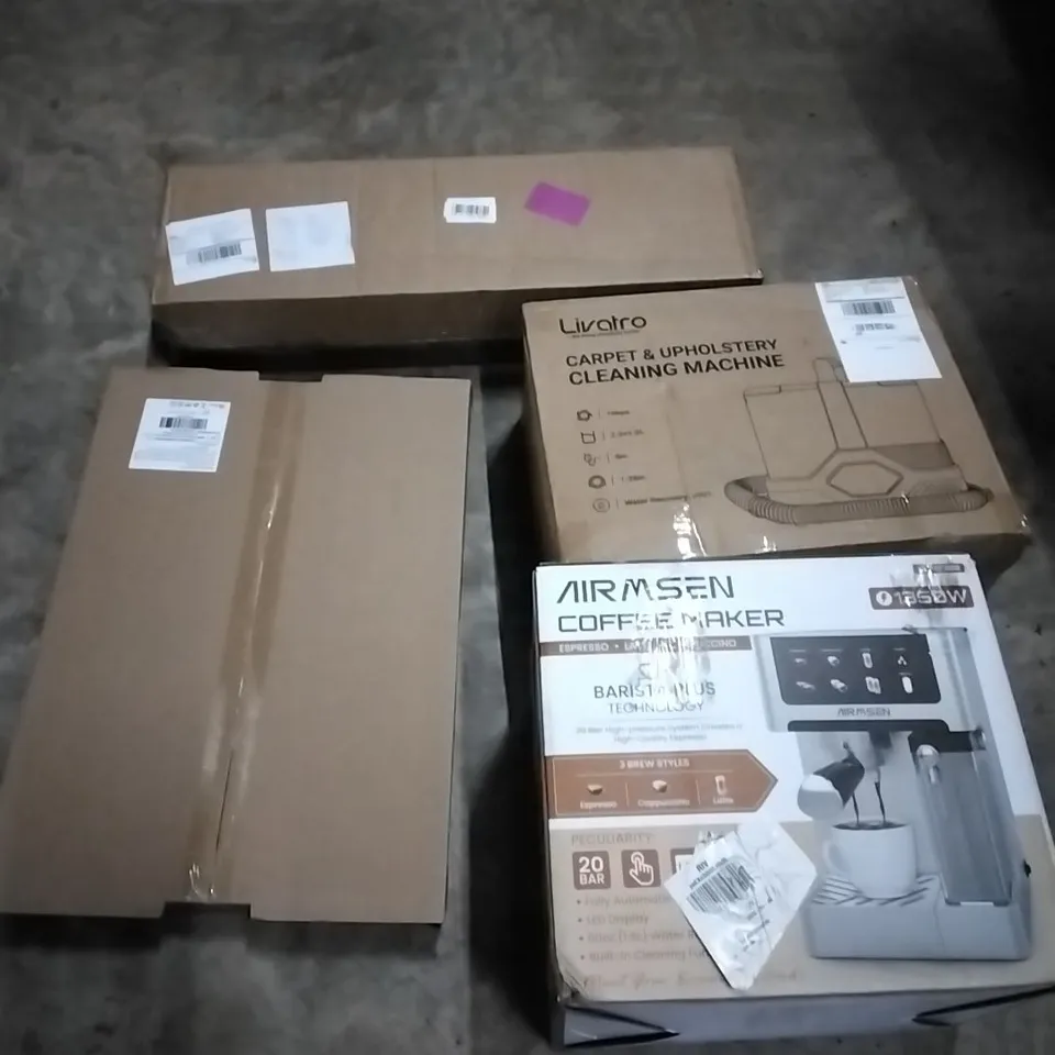 PALLET OF HOUSEHOLD ITEMS TO INCLUDE CARPET AND UPHOLSTERY CLEANING MACHINE, PICTURE FRAME, CLOTHES AIRER, COFFEE MAKER AND OTHER ASSORTED ITEMS...