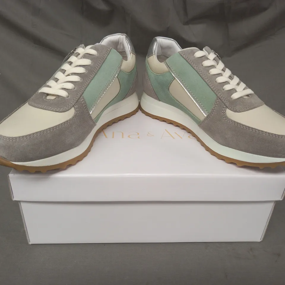BOXED PAIR OF ANA & AVA SHOES IN MINT/GREY/SILVER EU SIZE 39