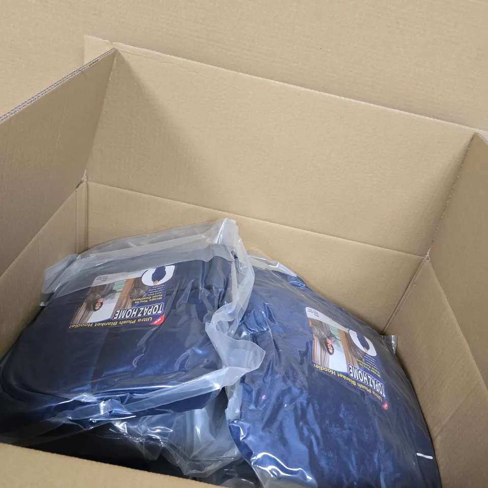 TOPAZ HOME ULTRA PLUSH BLANKET HOODIE – BLUE, ONE SIZE FITS ALL. BOX OF 10 ITEMS