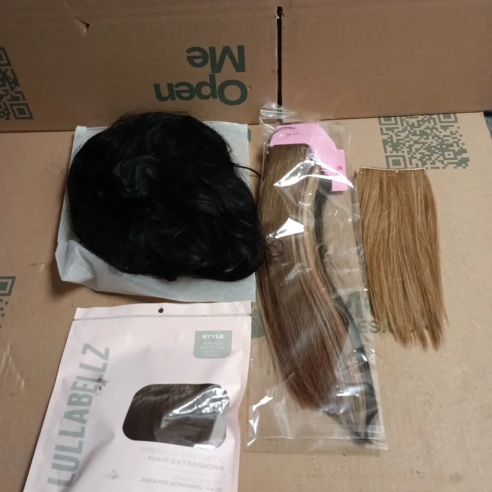 APPROXIMATELY 10 HAIR PIECES AND WIGS VARIOUS COLOURS AND STYLES