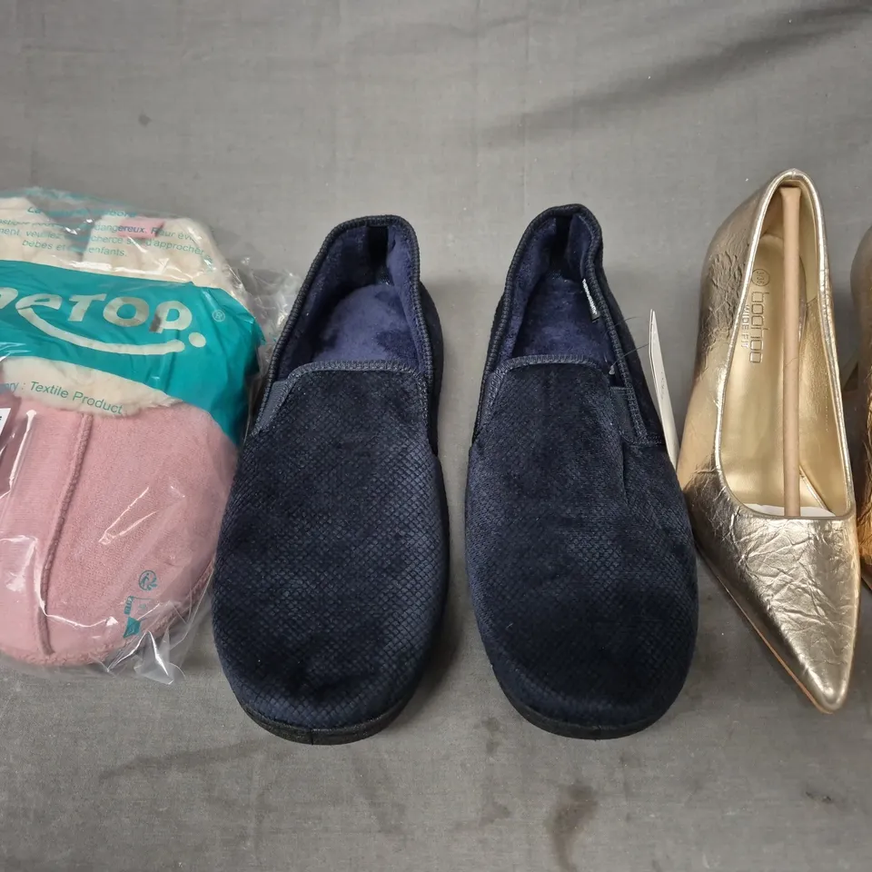 BOX OF APPROXIMATELY 15 ASSORTED PAIRS OF SHOES AND FOOTWEAR ITEMS IN VARIOUS COLOURS, STYLES, AND SIZES - COLLECTION ONLY