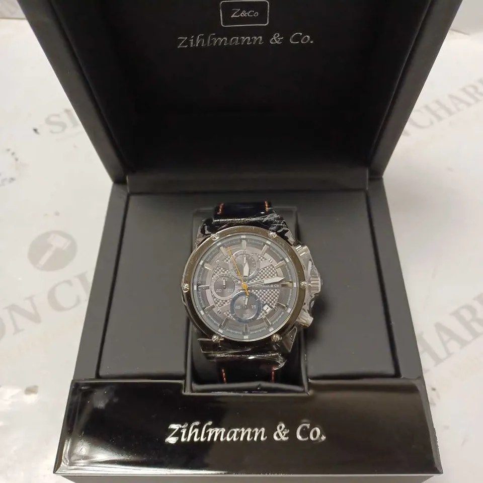 ZIHLMANN & CO GREY TRIPLE DIAL BLACK LEATHER STRAP WATCH