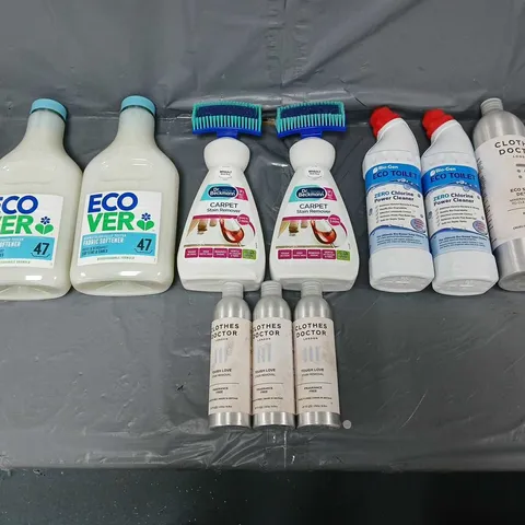TOTE OF APPROXIMATELY 10 ASSORTED LIQUIDS TO INCLUDE - TEAKCARE PROTECTOR 1L, ECOVER FABRIC SOFTENER, AND CARPET STAIN REMOVER ETC. 