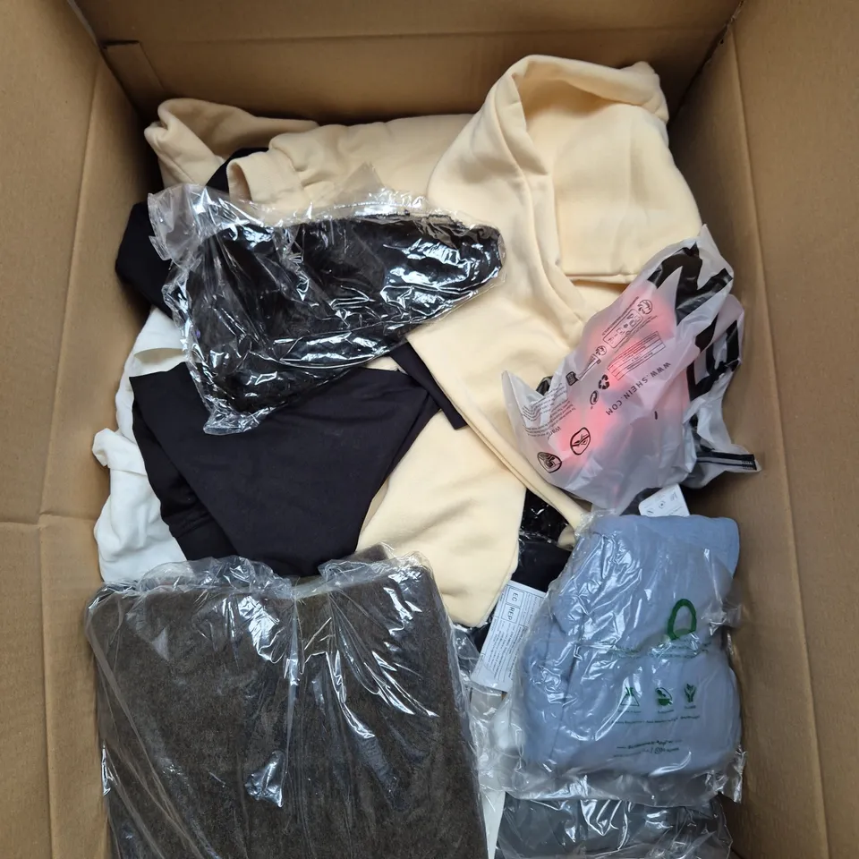 LARGE BOX OF ASSORTED CLOTHING ITEMS IN VARIOUS SIZES, STYLES AND COLOUR 