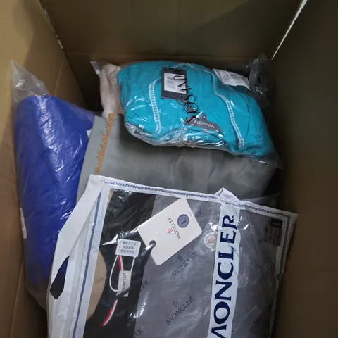 LARGE BOX OF ASSORTED CLOTHING ITEMS IN VARIOUS SIZES, STYLES AND COLOUR 