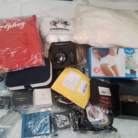 BOX CONTAINING VARIOUS BAGGED CLOTHING ITEMS AND MIXED DRESS UP/COSTUME JEWELLERY IN SILVER AND SILVER PLATE ECT.