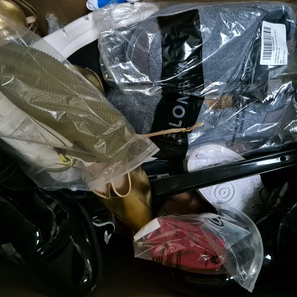 BOX OF APPROXIMATELY 15 ASSORTED PAIRS OF SHOES AND FOOTWEAR ITEMS IN VARIOUS COLOURS, STYLES, AND SIZES - COLLECTION ONLY