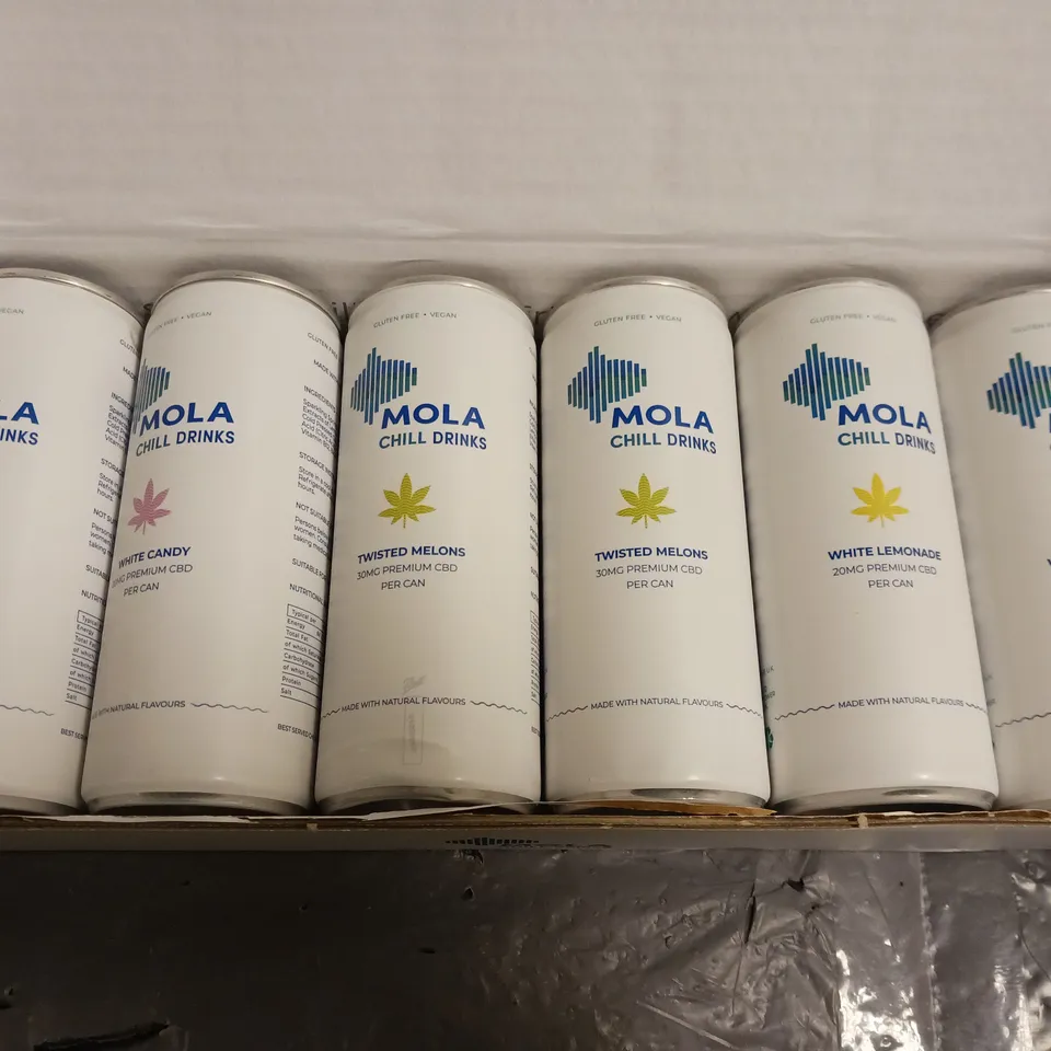 6 MOLA CHILL CBD DRINKS TO INCLUDE WHITE LEMONADE, TWISTED MELONS, WHITE CANDY (6 x 250ml) - COLLECTION ONLY
