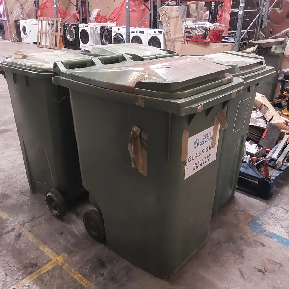 LOT OF 4 GREEN STORAGE WHEELIE BINS 