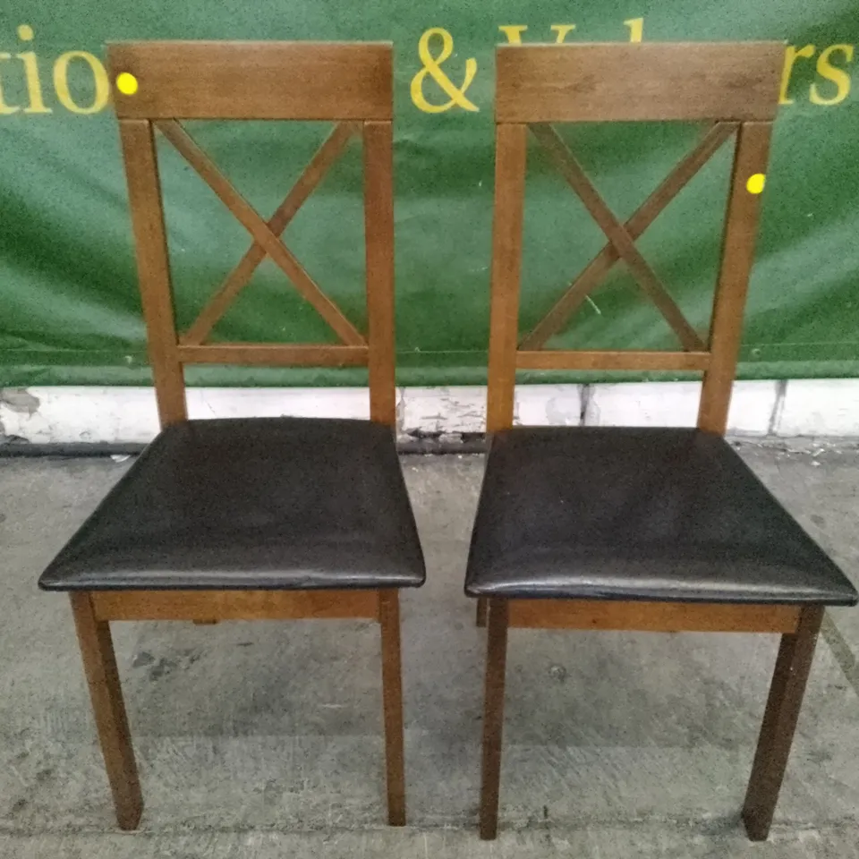SET OF 2 NEW KENDAL DARK WOOD DINING CHAIRS (BLACK LEATHER SEAT PAD)