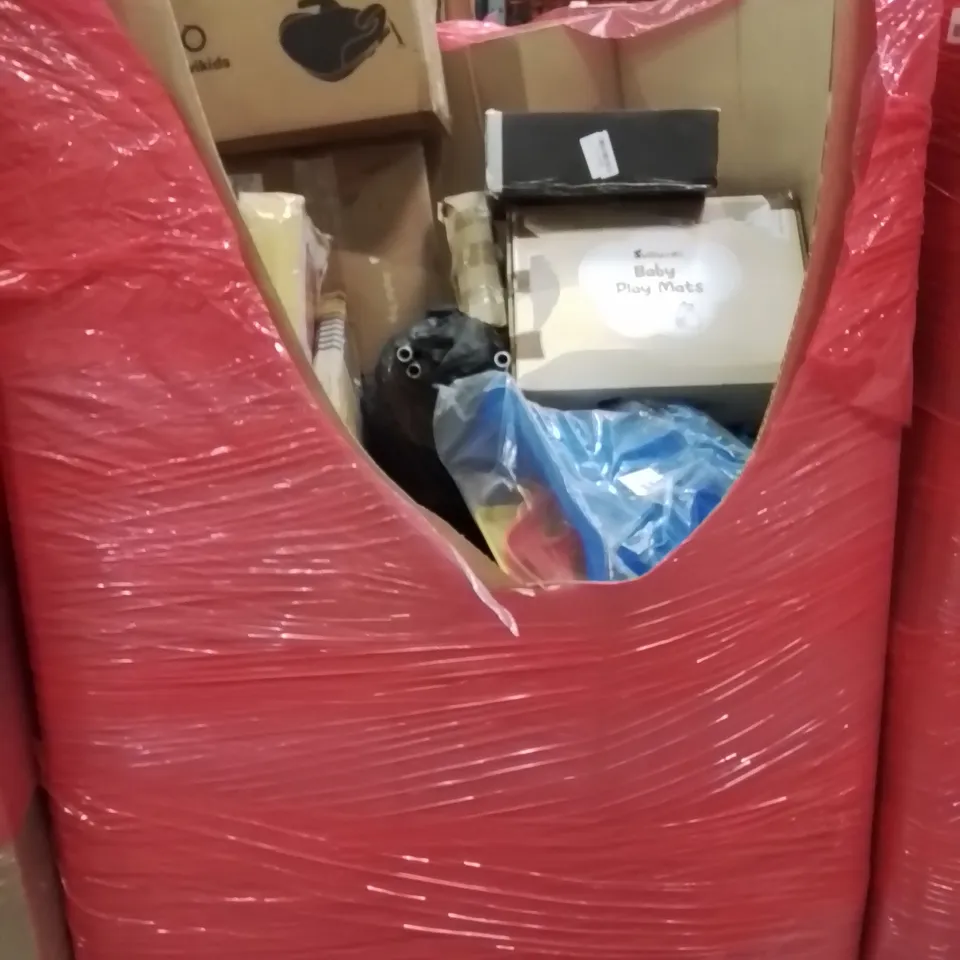 PALLET CONTAINING VARIOUS ASSORTED BOXED HOUSEHOLD ITEMS TO INCLUDE: BABY PLAYMAT, KIDS BOOSTER SEATS, COOKWARE SET, KIDS SWING AND LOTS MORE UNMARKED BOXED ITEMS 