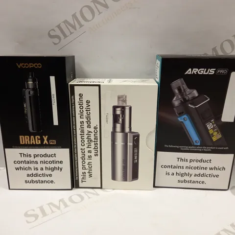 BOX OF APPROXMATELY 28 E-CIGARETTES AND LIQUIDS TO INCLUDE VOOPOO ARGUS PRO, INNOKIN COOLFIRE Z50 ZLIDE, VOOPOO DRAG X PRO, ETC