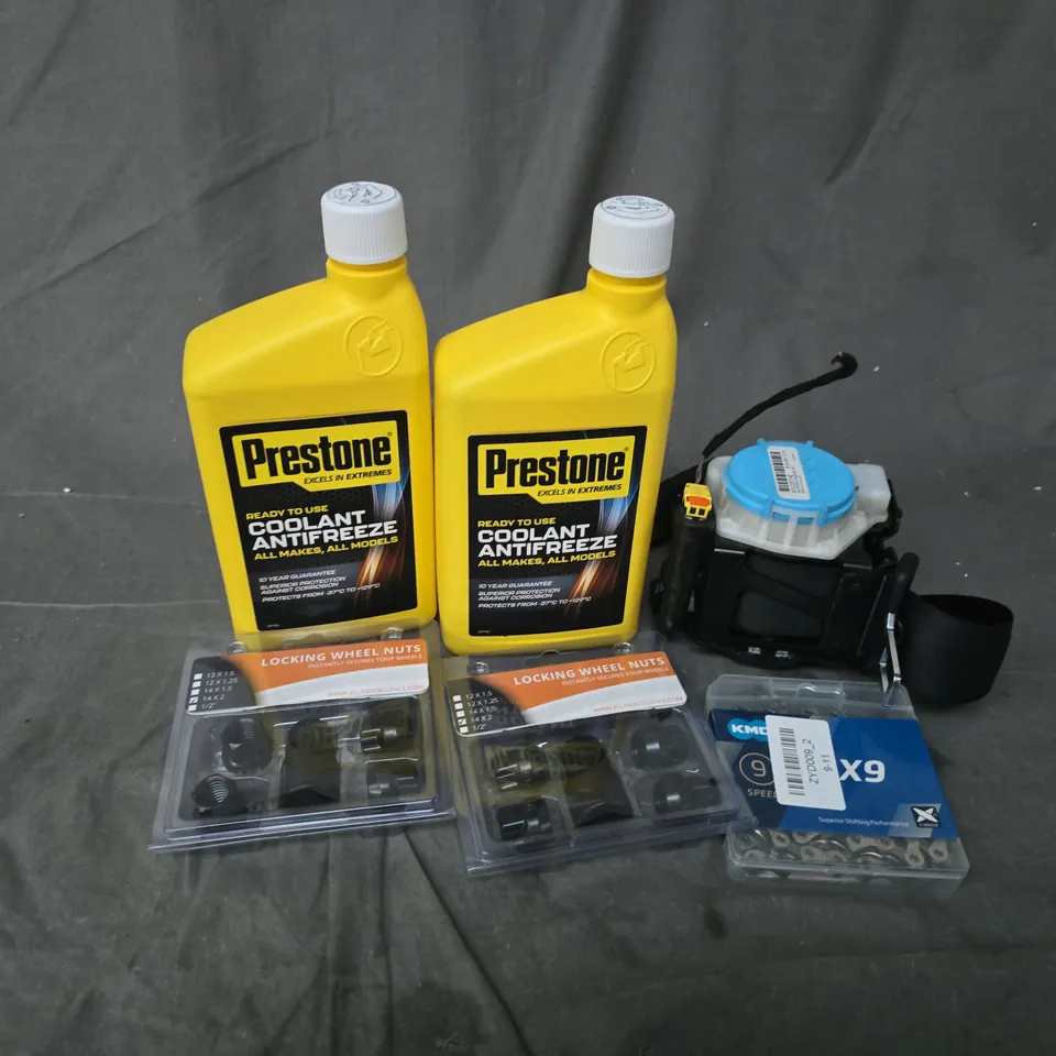 APPROXIMATELY 9 ASSORTED VEHICLE PARTS & ACCESSORIES TO INCLUDE PRESTONE COOLANT ANTIFREEZE, LOCKING WHEEL NUTS, SEATBELT, ETC - COLLECTION ONLY
