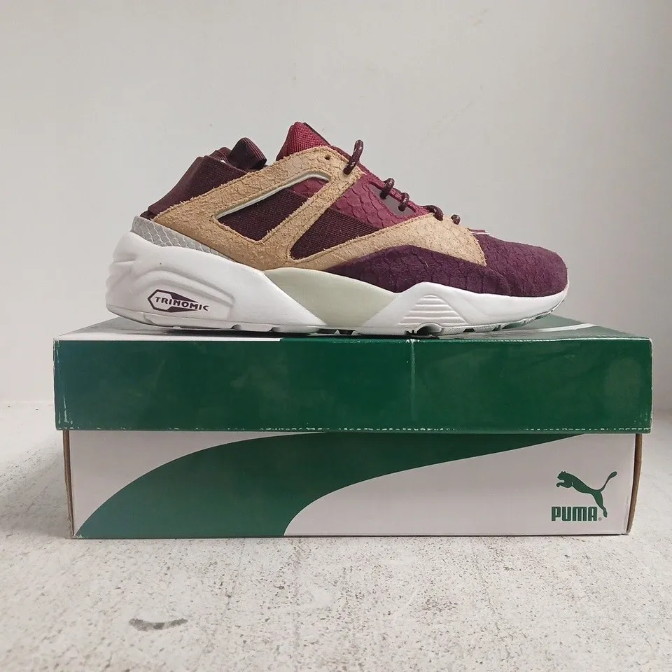 BOXED PAIR OF PUMA BOG SOCK RIOJA TRAINERS IN WINE SIZE UK 7