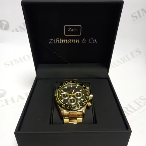 MENS ZIHLMANN & CO Z400 WATCH – CHRONOGRAPH MOVEMENT – STAINLESS STEEL GOLD EFFECT STRAP – BLACK DIAL – 3ATM WATER RESISTANT 