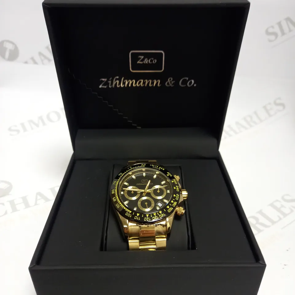 MENS ZIHLMANN & CO Z400 WATCH – CHRONOGRAPH MOVEMENT – STAINLESS STEEL GOLD EFFECT STRAP – BLACK DIAL – 3ATM WATER RESISTANT 