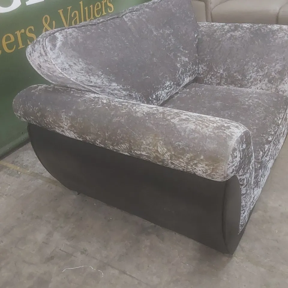 DESIGNER CRUSHED VELVET AND FABRIC UPHOLSTERED ARMCHAIR