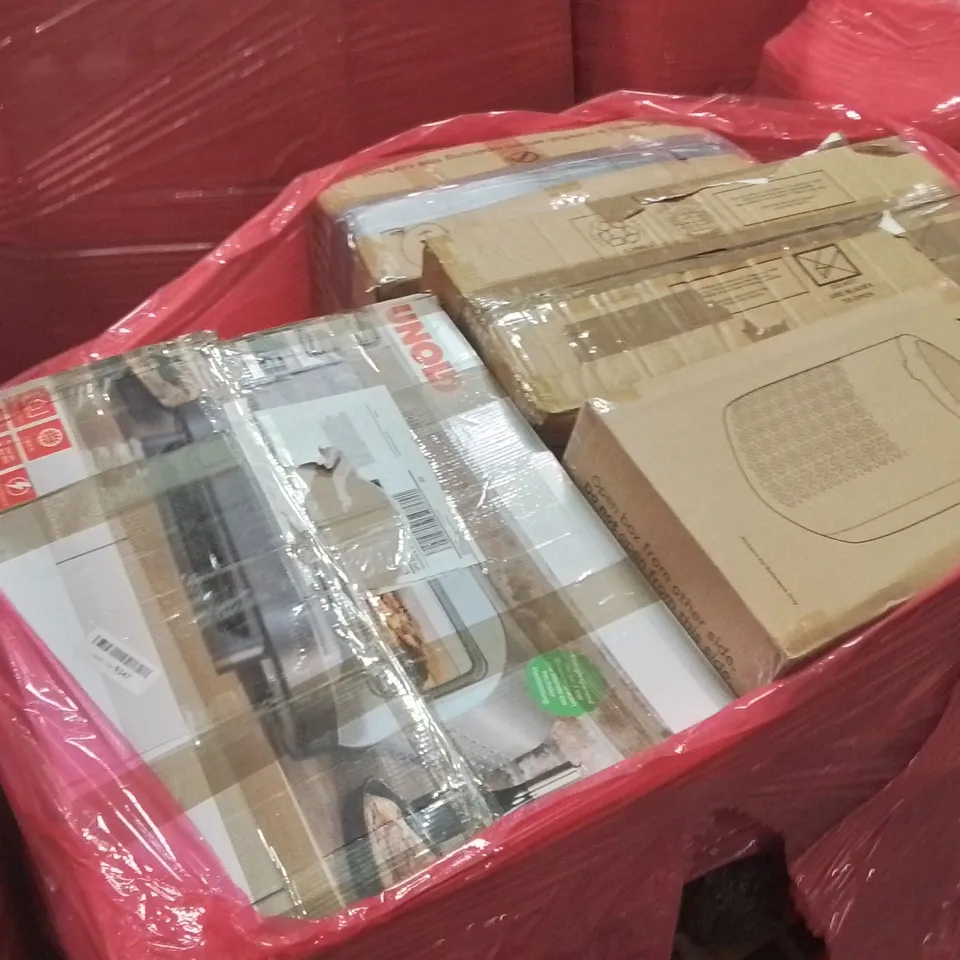 PALLET OF ASSORTED HOUSEHOLD ITEMS AND CONSUMER PRODUCTS TO INCLUDE; AIR PURIFIER, KITCHEN COOKING APPLIANCE, BOXED FURNITURE ETC 