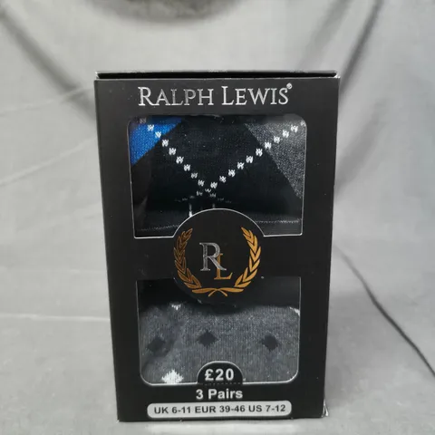 RALPH LEWIS PACK OF 3 ASSORTED PAIRS OF SOCKS IN VARIOUS PATTERNS AND COLOURS SIZE 6-11