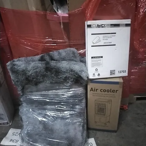 PALLET OF ASSORTED PRODUCTS AND HOUSEHOLD GOODS TO INCLUDE;AIR COOLER,TOILET SEAT,LARGE AREA RUG