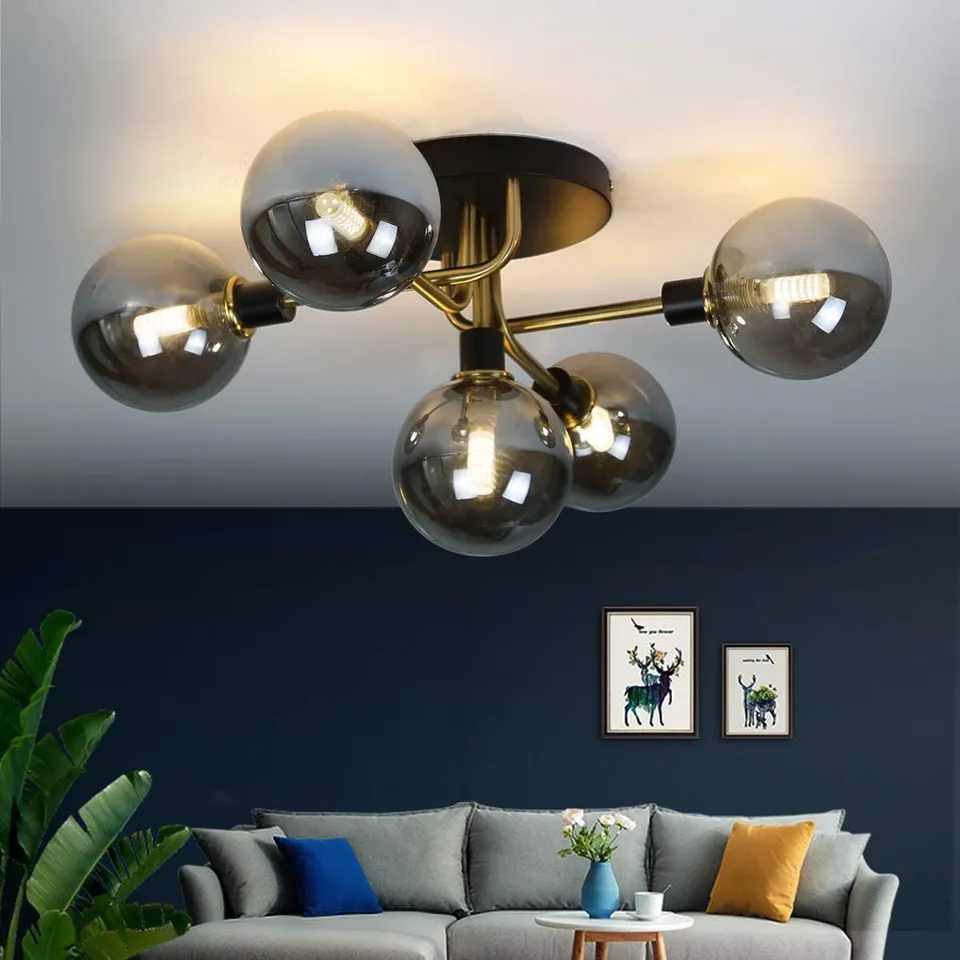 BOXED ZMH CEILING LIGHT LIVING ROOM WITH 5 BULBS GLASS BALLS G9 SOCKET CEILING LIGHT IN SMOKE GREY