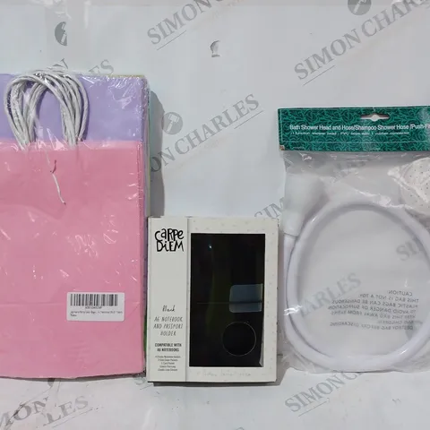 BOX OF APPROXIMATELY 10 ASSORTED HOUSEHOLD ITEMS TO INCLUDE BATH SHOWER HEAD & HOSE, CARPE DIEM A6 NOTEBOOK & PASSPORT HOLDER, FAVOUR BAGS, ETC