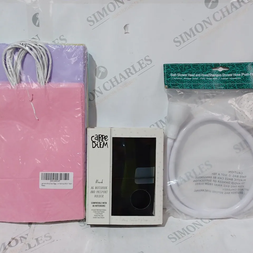 BOX OF APPROXIMATELY 10 ASSORTED HOUSEHOLD ITEMS TO INCLUDE BATH SHOWER HEAD & HOSE, CARPE DIEM A6 NOTEBOOK & PASSPORT HOLDER, FAVOUR BAGS, ETC