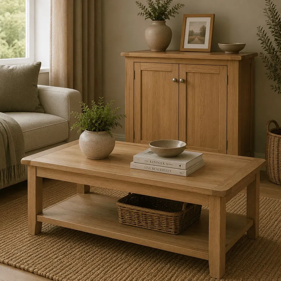 BOXED KILMORE OAK COFFEE TABLE WITH SHELF 