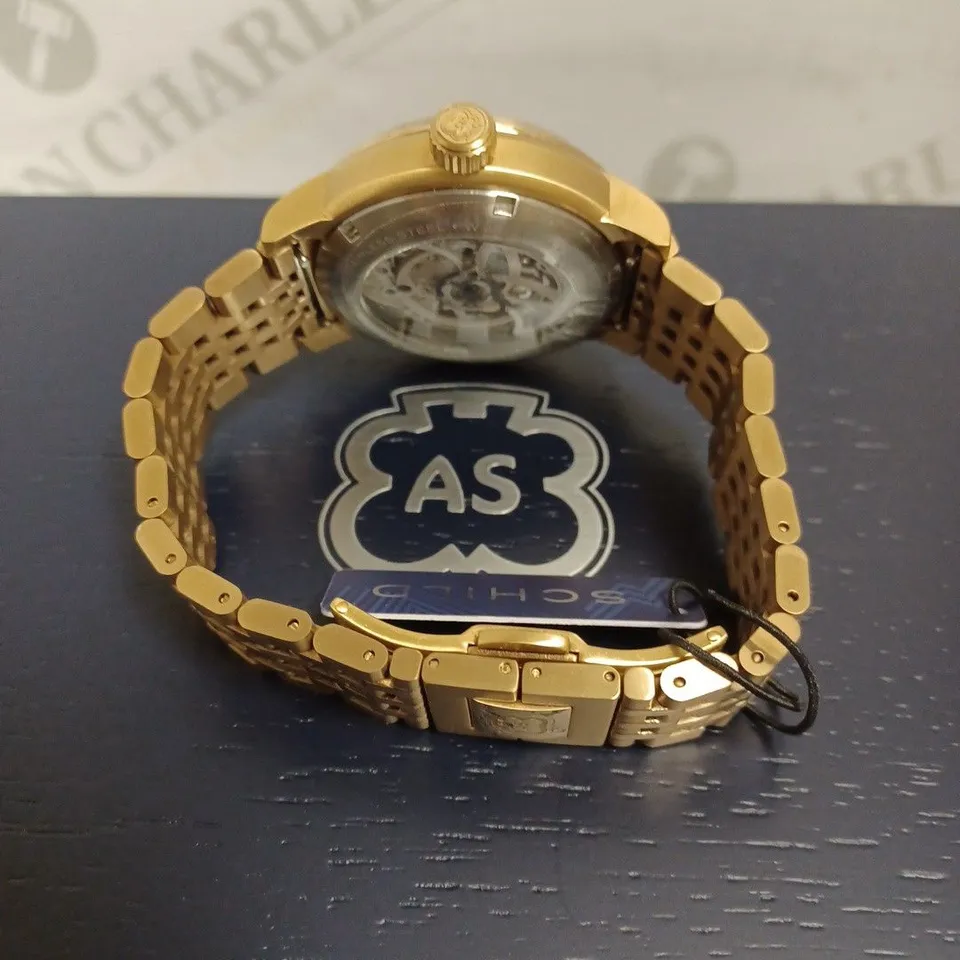 BOXED SCHILD LIMITED EDITION WATCH - SAPPHIRE CRYSTAL - ALL STAINLESS STEEL, LEATHER STRAP - SKELETON FACE - WATER RESISTANT 10 ATM - TOURBILLON. 