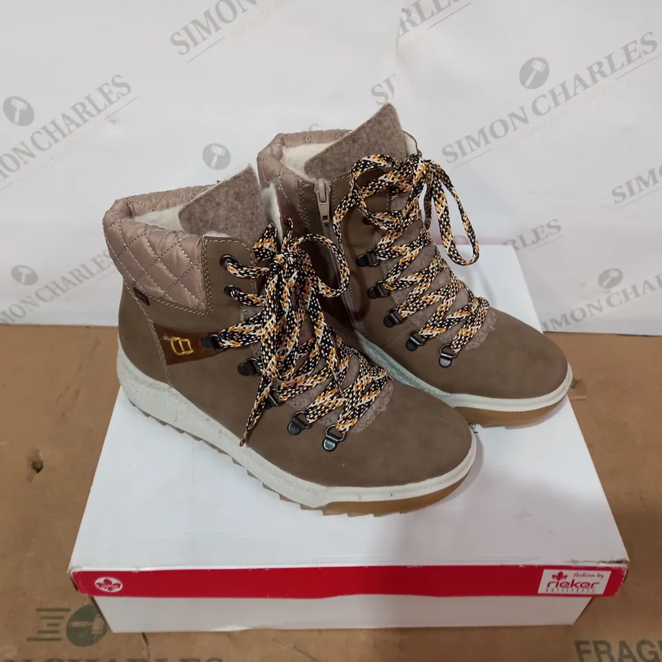 BOXED PAIR OF RIEKER BROWN BOOTS- SIZE 38