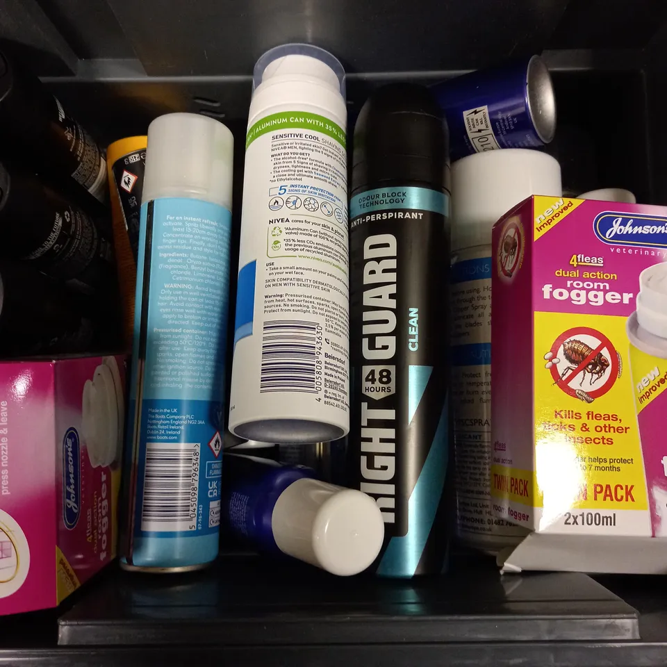 BOX OF APPROX 15 ASSORTED AEROSOLS TO INCLUDE LYNX BLACK, ORIGINAL DRY SHAMPOO, NIVEA MEN SHAVING GEL - COLLECTION ONLY