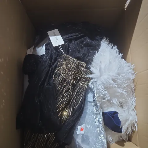 LARGE BOX OF APPROXIMATELY 25 ASSORTED CLOTHING ITEMS IN VARIOUS COLOURS, STYLES AND SIZES - COLLECTION ONLY