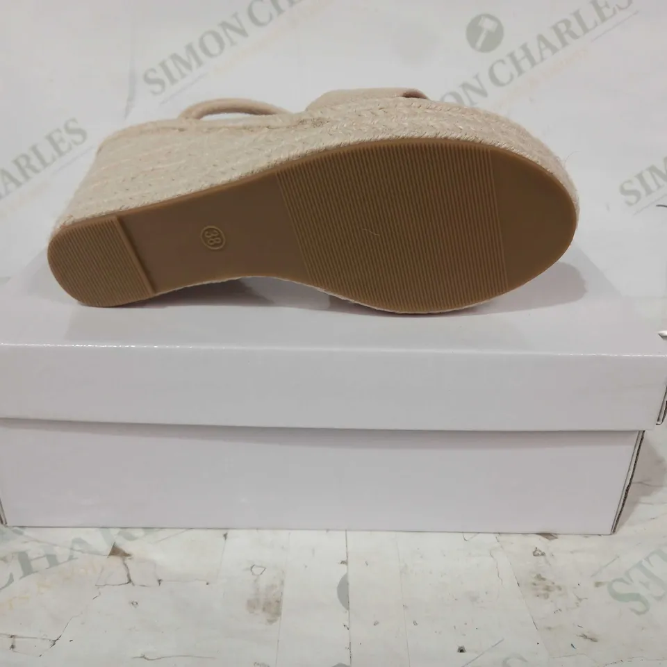 BOXED PAIR OF DESIGNER OPEN TOE WEDGES IN BEIGE EU SIZE 38