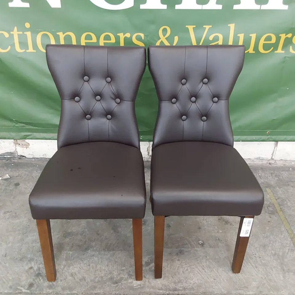 PAIR UPHOLSTERED BUTTONED BACK DINING CHAIRS BROWN PU ON DARK WOOD LEGS 