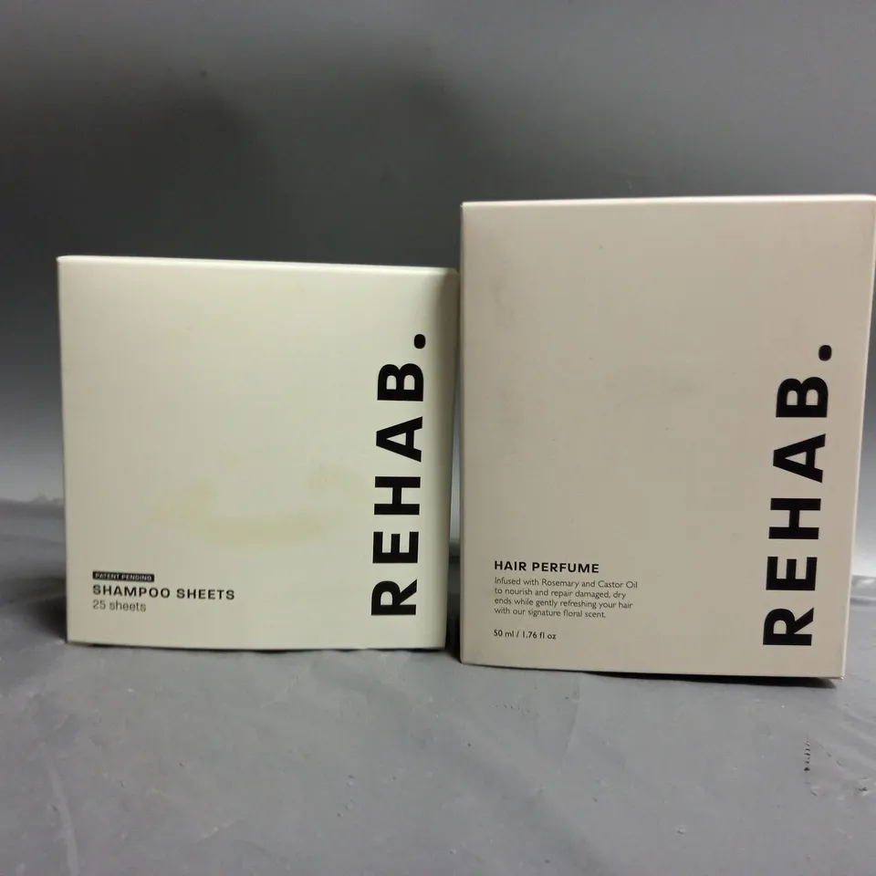 2 BOXED REHAB HAIRCARE PRODUCTS TO INCLUDE HAIR PERFUME INFUSED WITH ROSEMARY AND CASTOR OIL 50ML, SHAMPOO SHEETS 