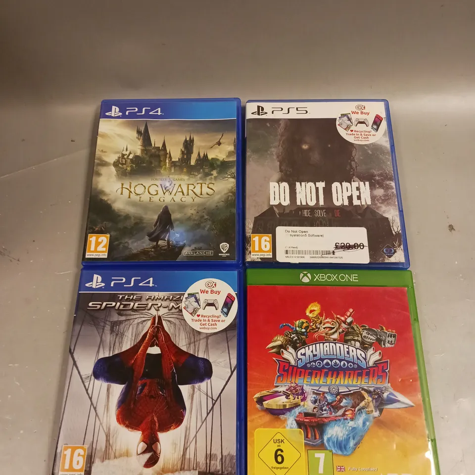 4 X ASSORTED VIDEO GAMES TO INCLUDE HOGWARTS LEGACY, DO NOT OPEN, THE AMAZING SPIDERMAN ETC 