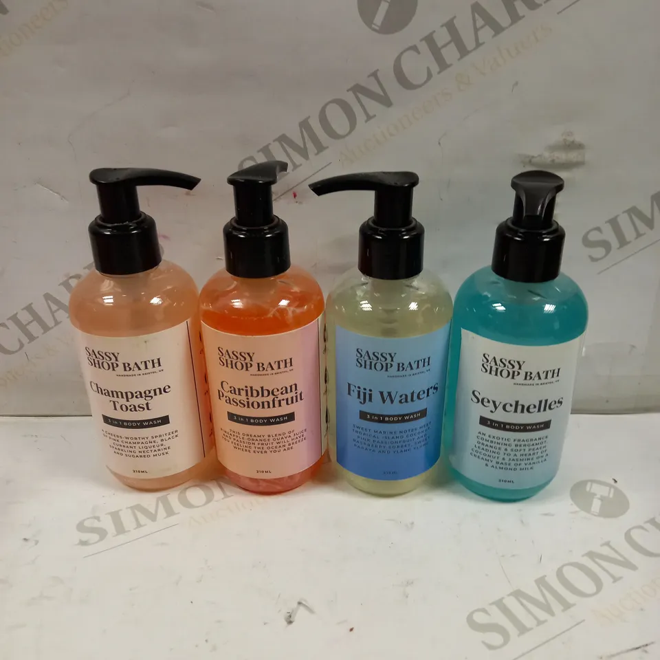 SASSY SHOP BATH BODY WASH COLLECTION TO INCLUDE SEYCHELLES, CHAMPAGNE TOAST, CARIBBEAN PASSIONFRUIT ETC - 4 X 210ML