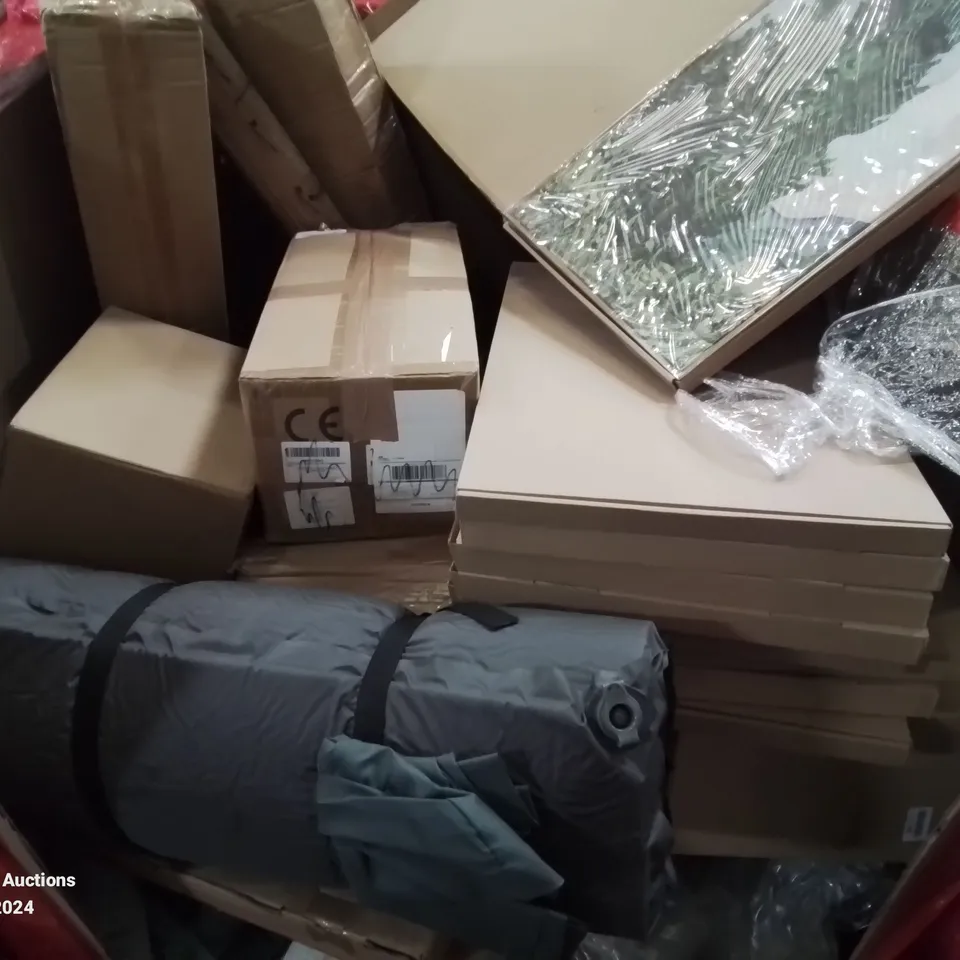 PALLET CONTAINING VARIOUS BOXED MIXED ITEMS TO INCLUDE: SEVERAL CANVAS PRINTS, GLASS PROTECTOR FILM, CAMPING MATTRESS AND LOTS MORE UNMARKED BOXED ITEMS 