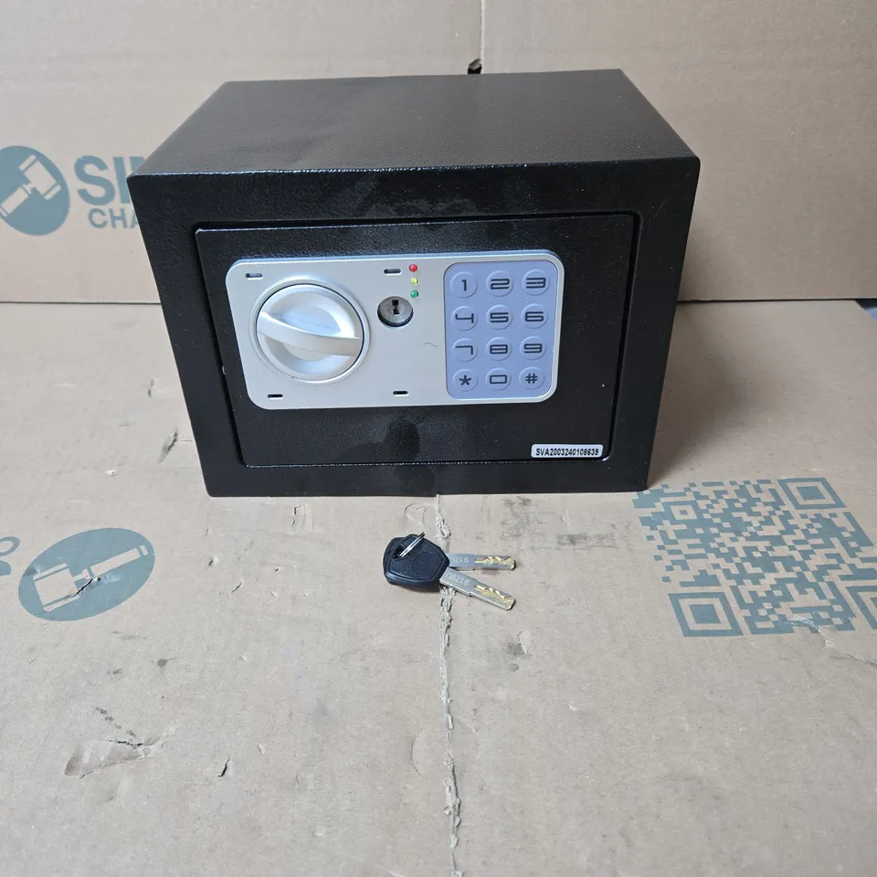 SMALL BLACK SECURITY SAFE WITH ELECTRONIC KEYPAD LOCK AND KEY OVERRIDE – INCLUDES TWO KEYS. UNBOXED