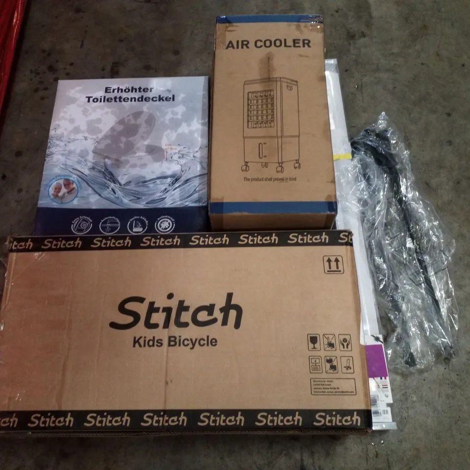 PALLET CONTAINING ASSORTED PRODUCTS INCLUDING TOILET SEAT, AIR COOLER, HIKING STICKS, ROLLER BLIND & KIDS BICYCLE
