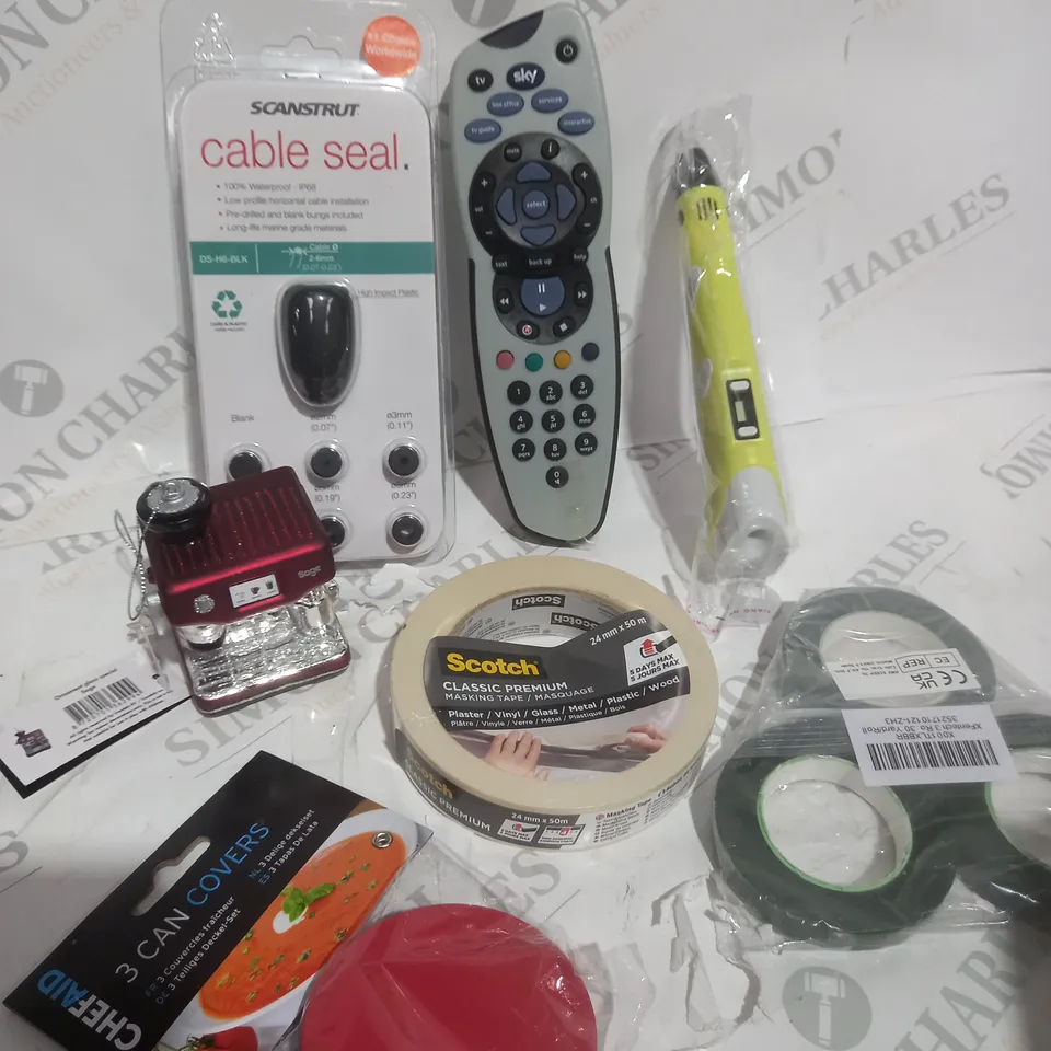 BOX OF APPROXIMATELY 15 ASSORTED ITEMS TO INCLUDE - CABLE SEAL, CAN COVERS, COFFEE MACHINE ORNAMENT ETC