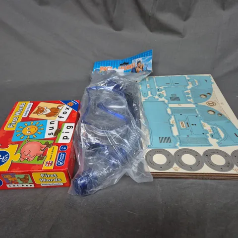 BOX OF ASSORTED TOYS AND GAMES TO INCLUDE CARD GAMES, MASK AND SNORKLING AND TEDDIES