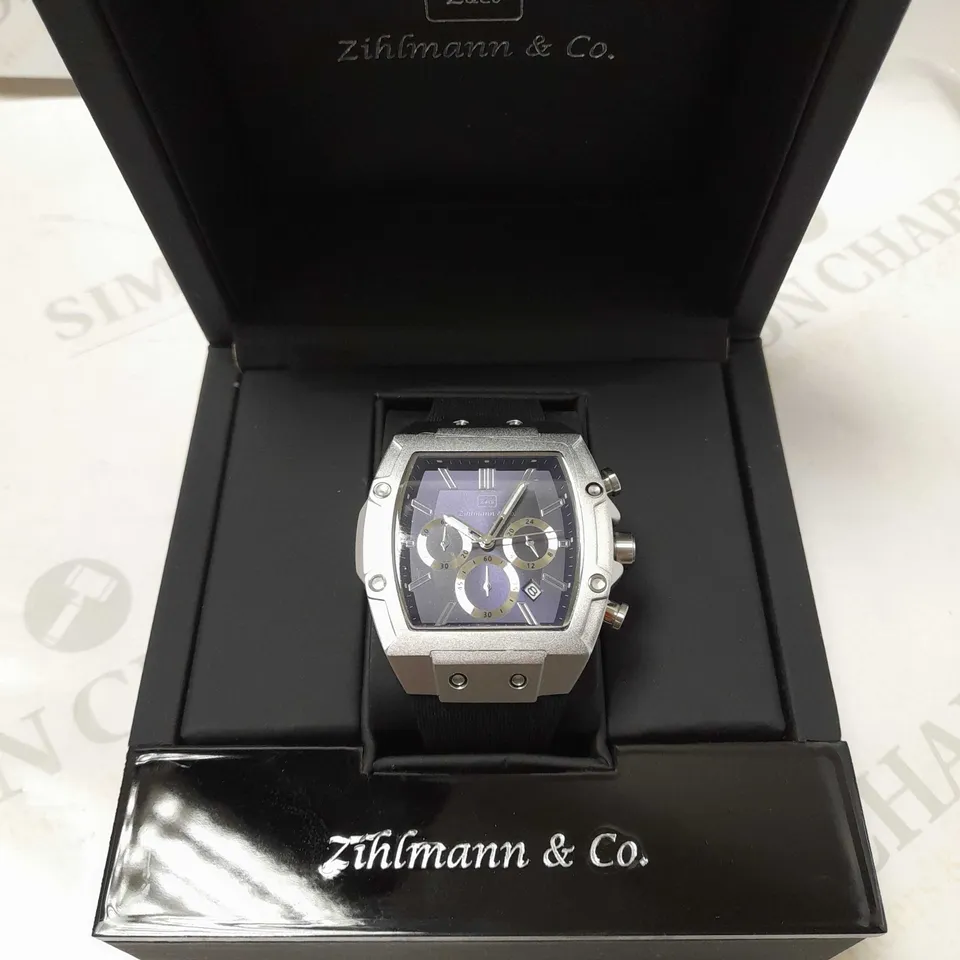 ZIHLMANN & CO BLUE TRIPLE DIAL STUD RUBBER STRAP WATCH