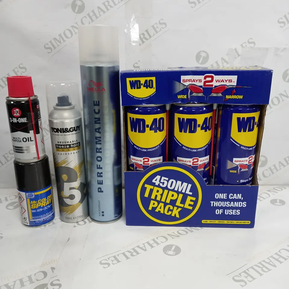 BOX OF APPROX 10 ASSORTED LIQUIDS TO INCLUDE - WD-40 TRIPLE PACK, MENS HAIRSPRAY, 3-IN-1 OIL ETC